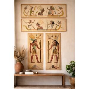 Vintage Egyptian Textile Wall Hangings Set Beige Appliqué Panels Boho Decor